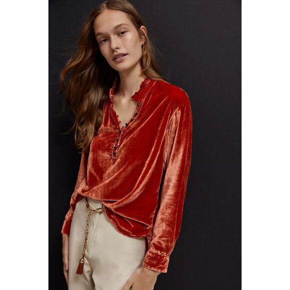 ANTHROPOLOGIE Kristianne Orange Velvet High Neck Ruffle Trim Blouse, Size XS - Picture 1 of 13